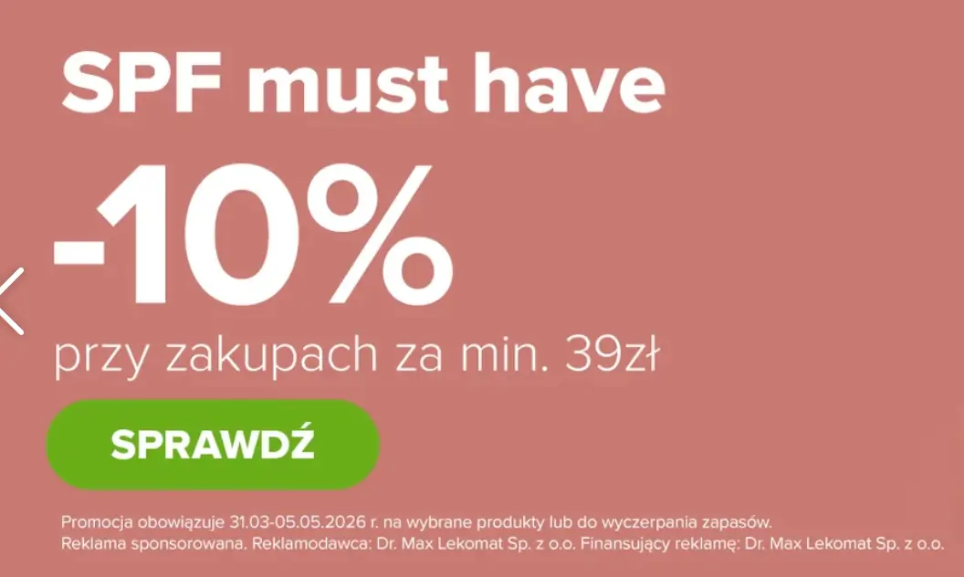 Rabat -10% przy zakupie kremów z Spf za min. 39 zł w drmax.pl
