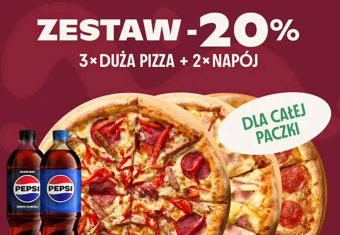 20% rabatu na estaw w Da Grasso: 3x duza pizza+ 2 x napój!