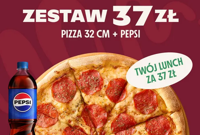 Tylko 37zł za zestaw pizza 32cm + Pepsi 0,85l.