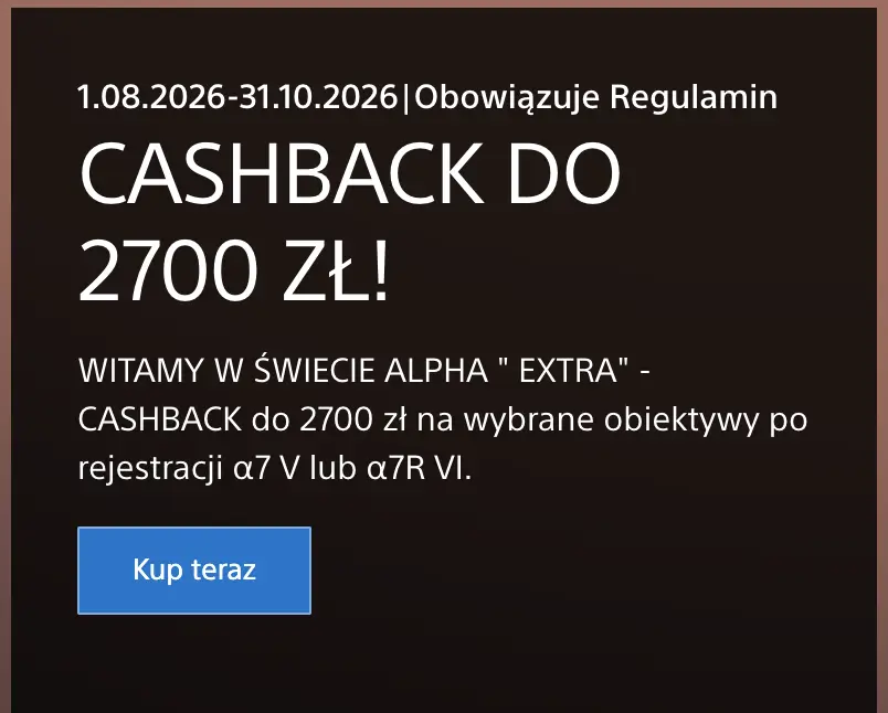 Sony - cashback do 2700 zł przy zakupie produktów Alpha Extra