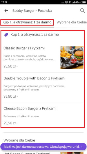 Uber Eats 1+1 przykładowe menu