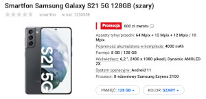 Smartfon Samsung Galaxy S21 5G 128GB (szary)