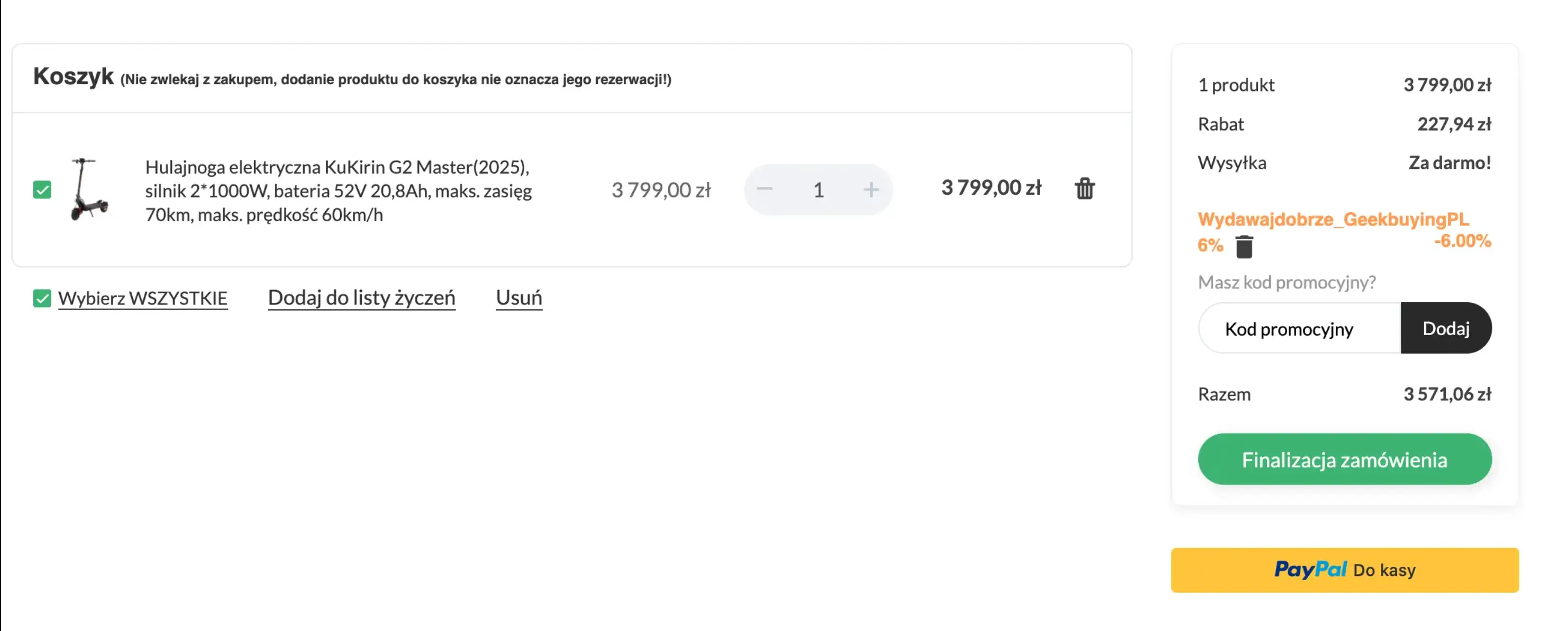 zamówienie z kodem Geekbuying