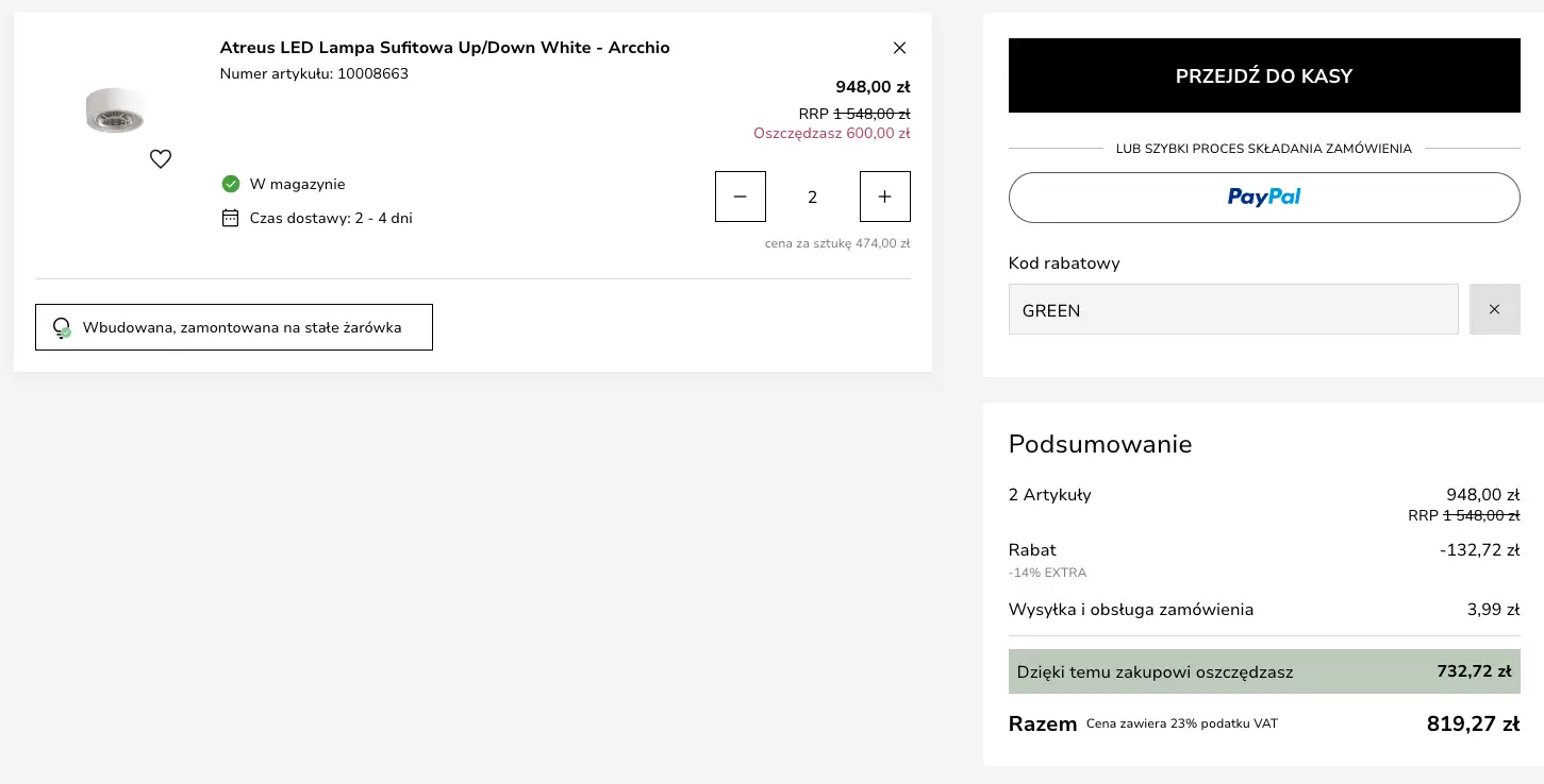 Zamówienie z kodem rabatowy Mistrzlamp.pl