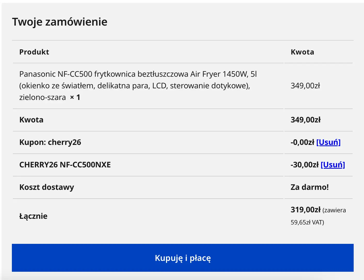 Zamówienie z kodem rabatowym Panasonic