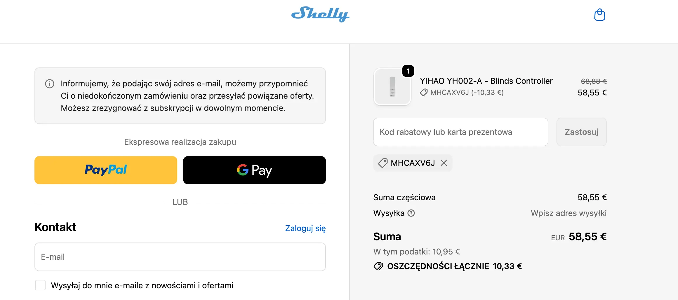 Zamówienie w Shelly z kodem rabatowym obniżającym wartość zamówienia o 15%