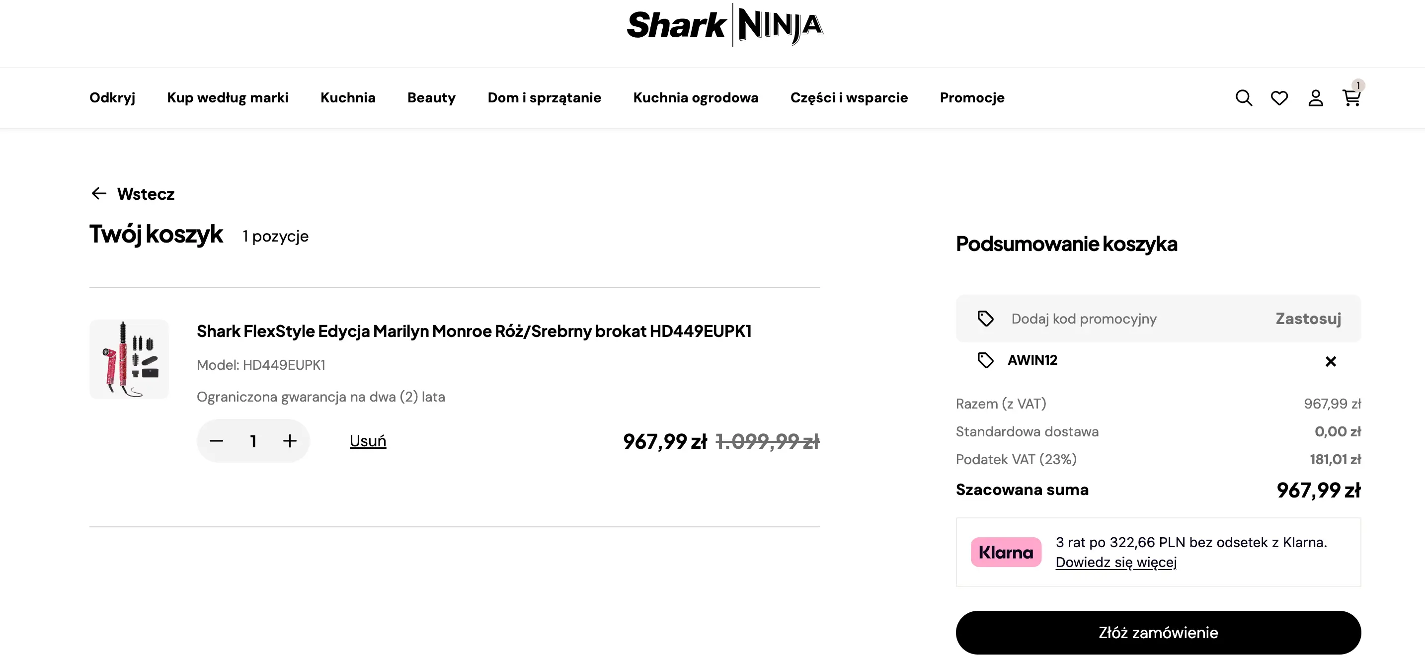 Zamówienie z kodem rabatowym -12% który obniżył wartość koszyka w sklepie SharkNinja