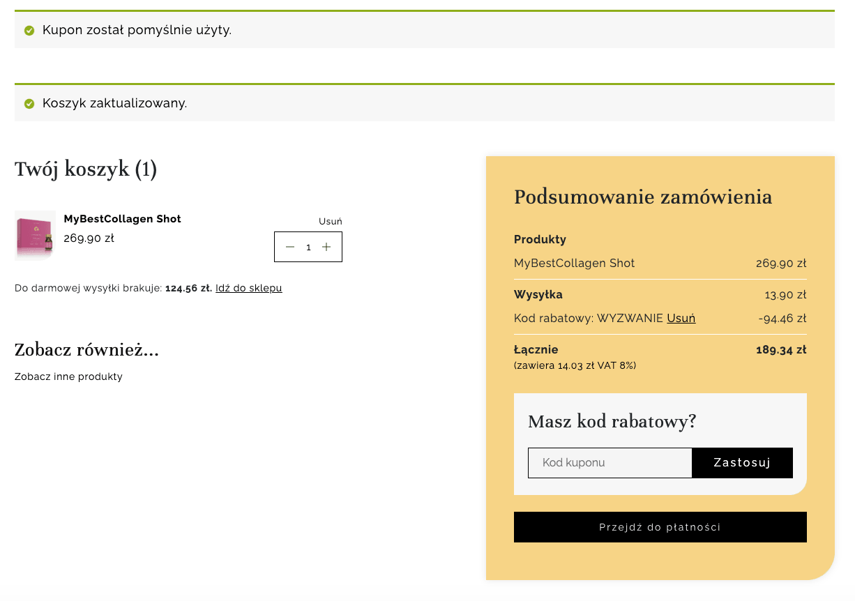 Zamówienie z kodem rabatowym, który obniżył wartość zamówienionego suplementu o 35% w MyBestPharm