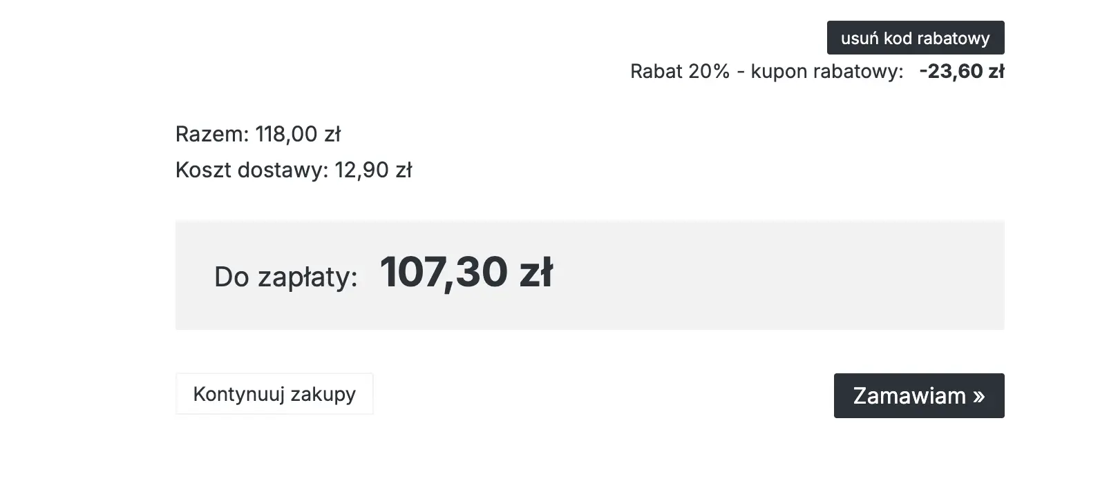 Zniżka -20% w koszyku sklepu Olsen króra obniża wartość zakupów z 118 zł na 107,30 zł
