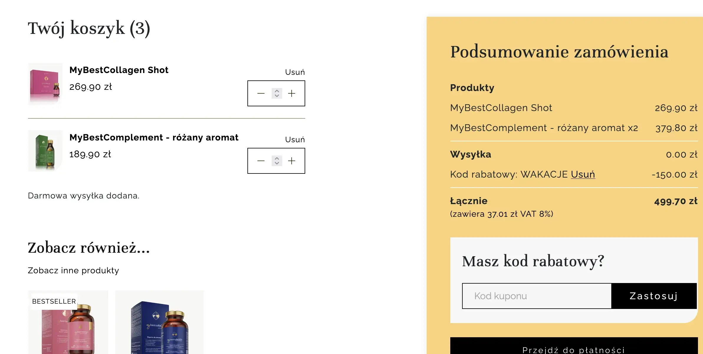 Zrzut z koszyka MyBestPharm z zastosowanym kodem rabatowym i naliczonym rabatem 150 zł