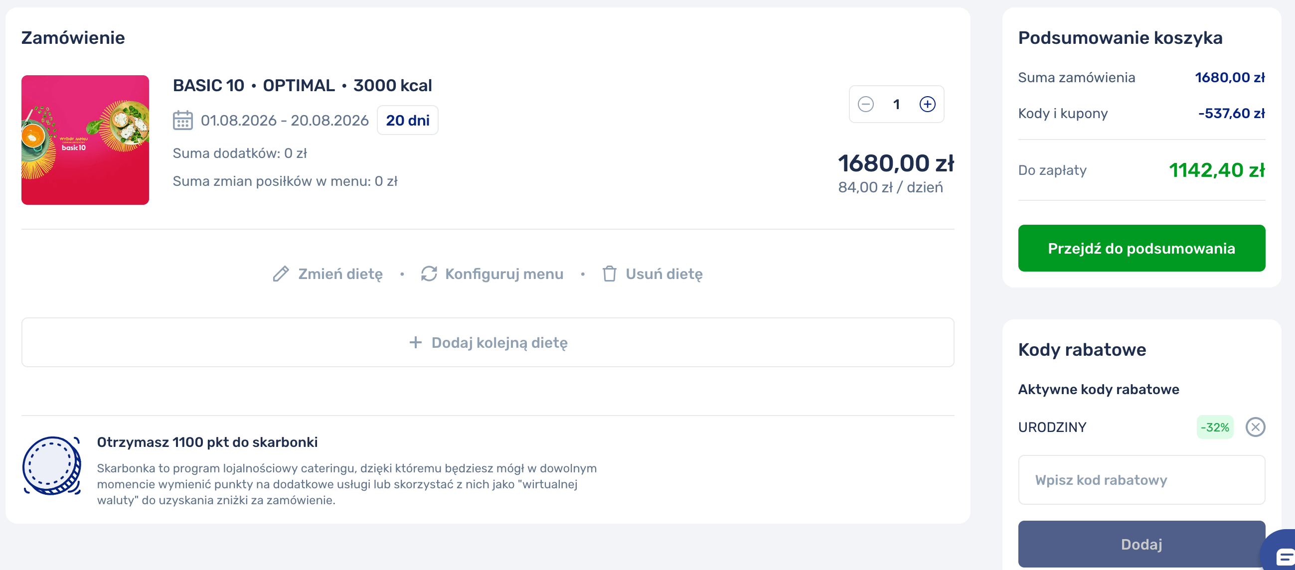 kod rabatowy dietly w koszyku który obiża wartośc o 32%